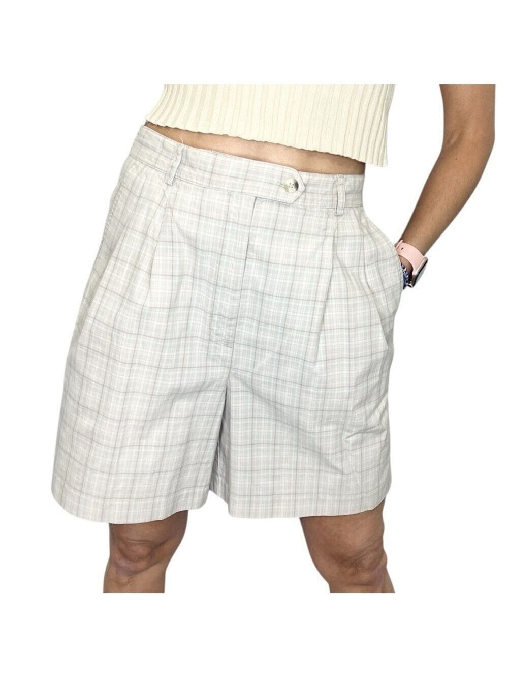 Vintage 80s 90s pure cotton beige plaid pleated baggy long Bermuda shorts 10